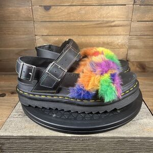 RARE Dr. Martens Womens Sz 8 Voss II Fluffy Faux Fur Rainbow Platform Sandals